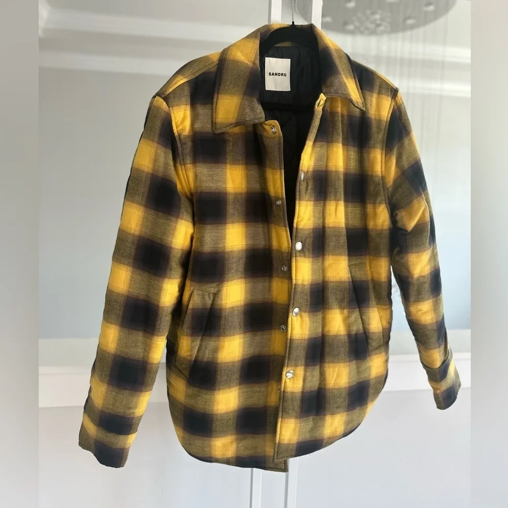 Sandro Yellow and Black Padded Shirt Jacket